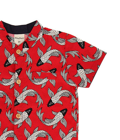 Mandarin Collar Shirt - Lucky Koi Fish (Red)