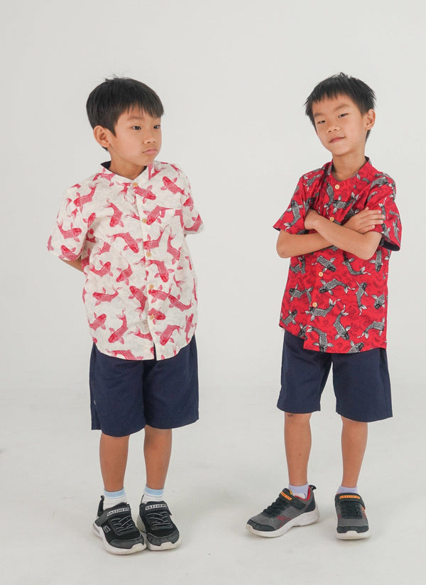 Mandarin Collar Shirt - Lucky Koi Fish (White)