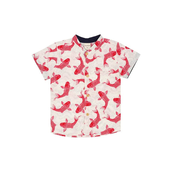 Mandarin Collar Boy Shirt - Lucky Koi Fish (White)