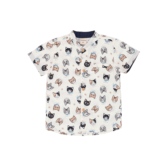 Mandarin Collar Shirt - Kawaii Cats  (Beige)