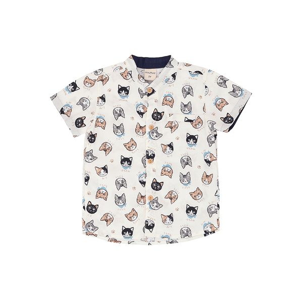 Mandarin Collar Shirt - Kawaii Cats  (Beige)