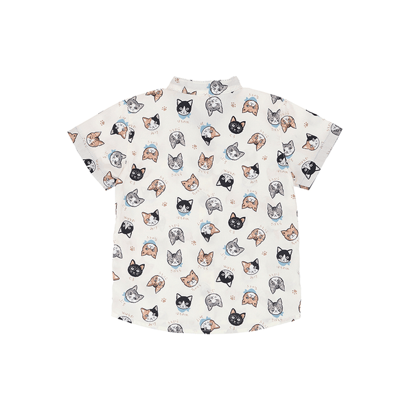 Mandarin Collar Shirt - Kawaii Cats  (Beige)