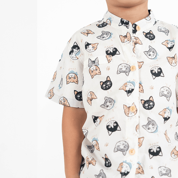 Mandarin Collar Shirt - Kawaii Cats  (Beige)