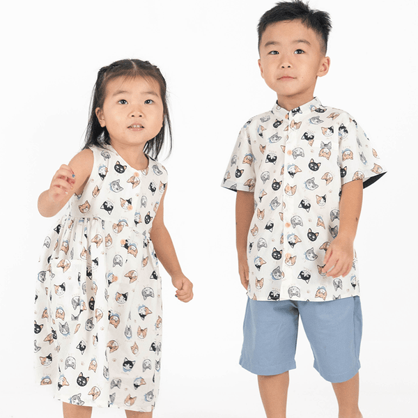 Mandarin Collar Shirt - Kawaii Cats  (Beige)