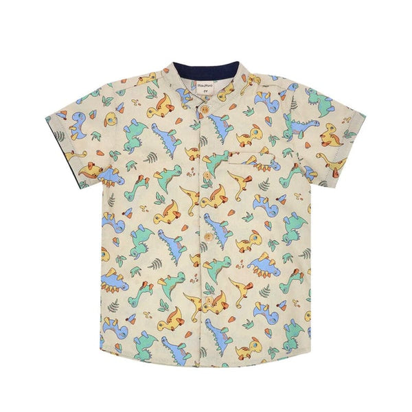 Mandarin Collar Shirt - Baby Dinosaurs (Beige)