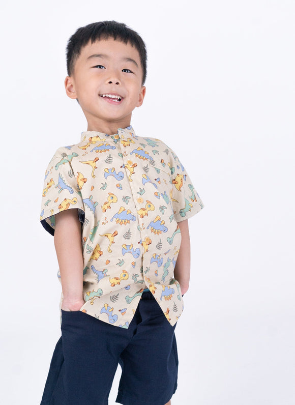 Mandarin Collar Shirt - Baby Dinosaurs (Beige)