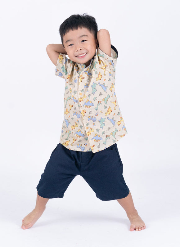 Mandarin Collar Shirt - Baby Dinosaurs (Beige)