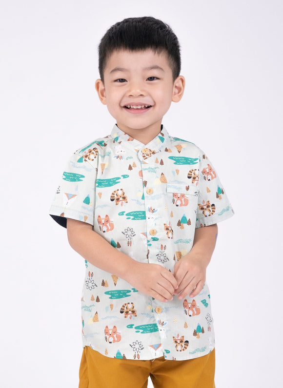 Mandarin Collar Boy Shirt - Tribal Racoons (Mint Green)
