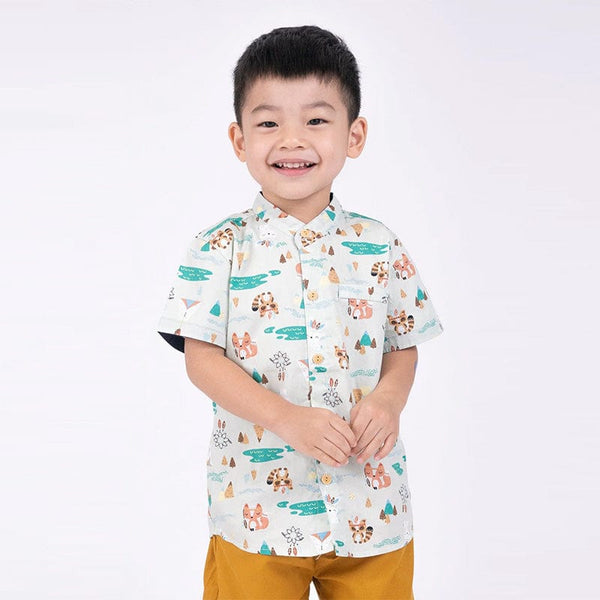 Mandarin Collar Boy Shirt - Tribal Racoons (Mint Green)