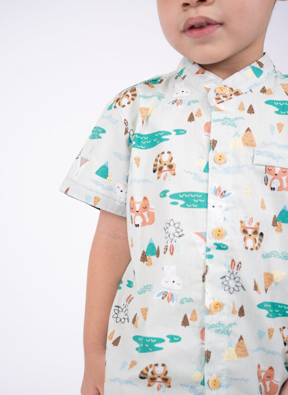 Mandarin Collar Boy Shirt - Tribal Racoons (Mint Green)