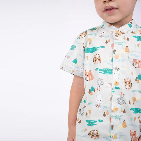 Mandarin Collar Boy Shirt - Tribal Racoons (Mint Green)