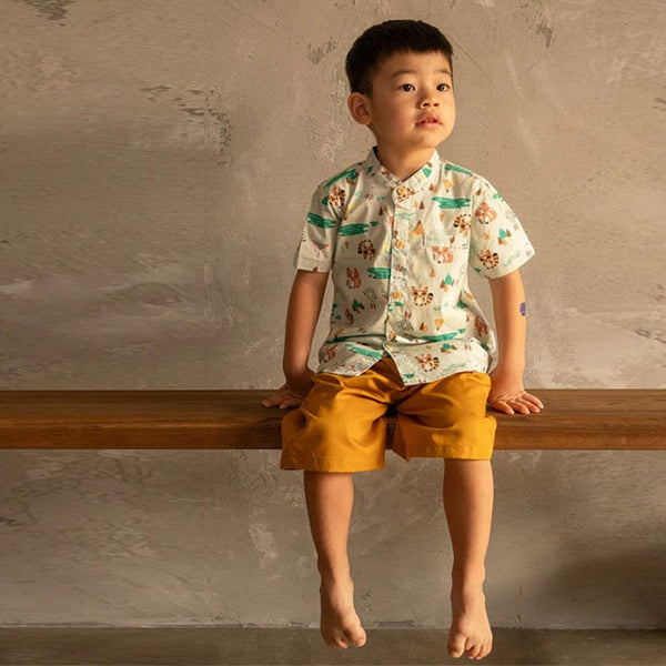 Mandarin Collar Boy Shirt - Tribal Racoons (Mint Green)