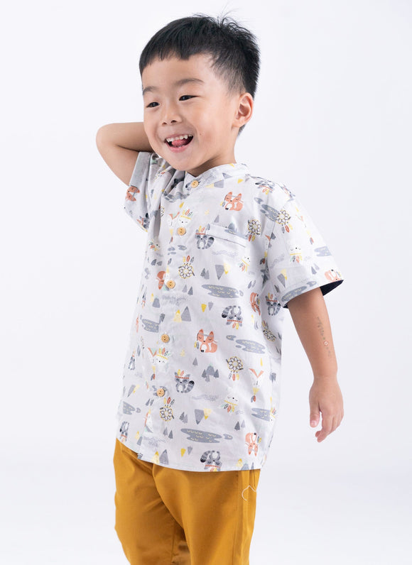 Mandarin Collar Boy Shirt - Tribal Racoons (Grey)