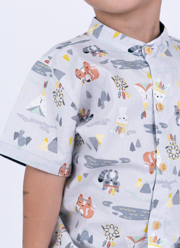 Mandarin Collar Boy Shirt - Tribal Racoons (Grey)
