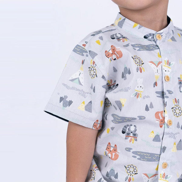 Mandarin Collar Boy Shirt - Tribal Racoons (Grey)