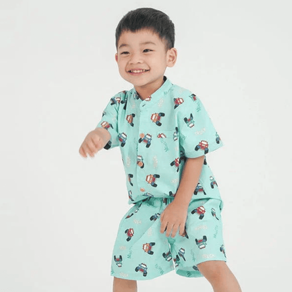 Mandarin Collar Boy Shirt - Monster Trucks (Mint Green)