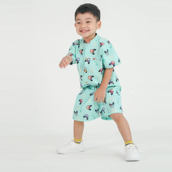 Mandarin Collar Boy Shirt - Monster Trucks (Mint Green)