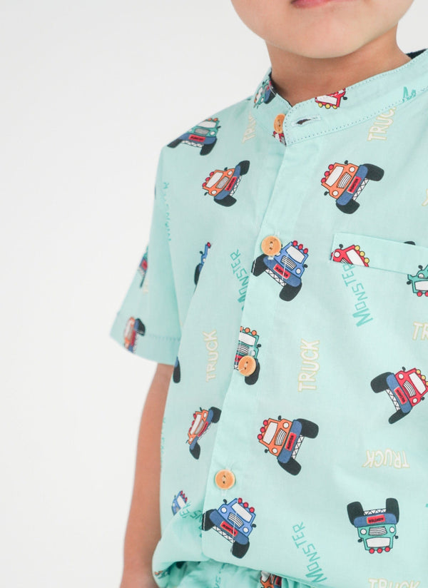 Mandarin Collar Shirt - Monster Trucks (Mint Green)