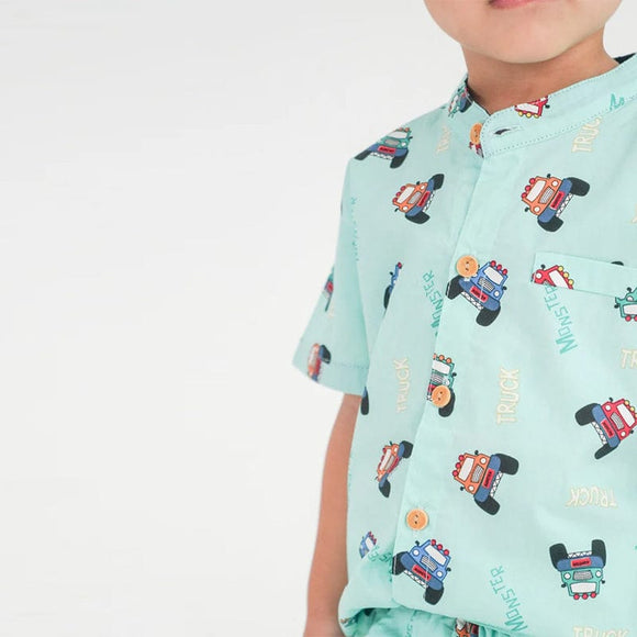 Mandarin Collar Boy Shirt - Monster Trucks (Mint Green)