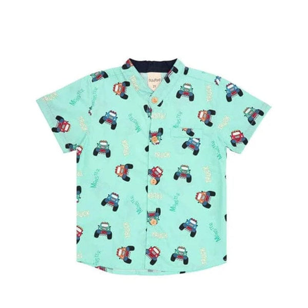 Mandarin Collar Boy Shirt - Monster Trucks (Mint Green)