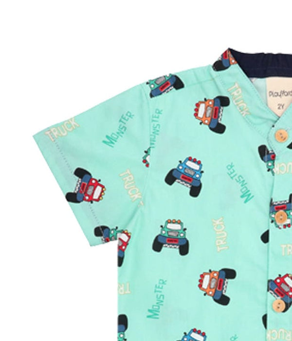 Mandarin Collar Shirt - Monster Trucks (Mint Green)