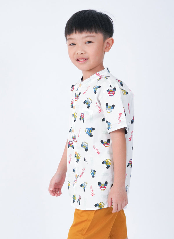 Mandarin Collar Shirt - Monster Trucks (White)