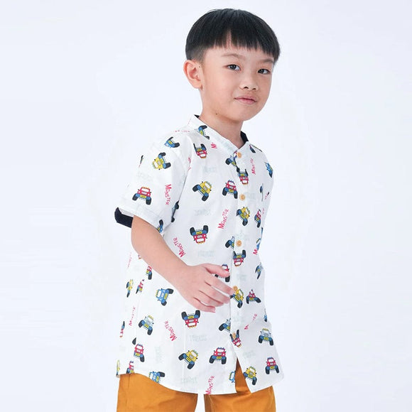 Mandarin Collar Boy Shirt - Monster Trucks (White)