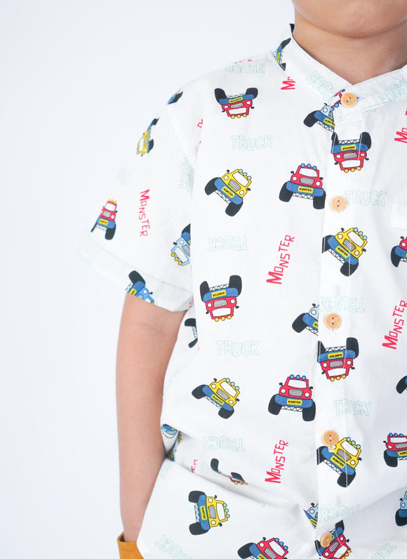 Mandarin Collar Shirt - Monster Trucks (White)