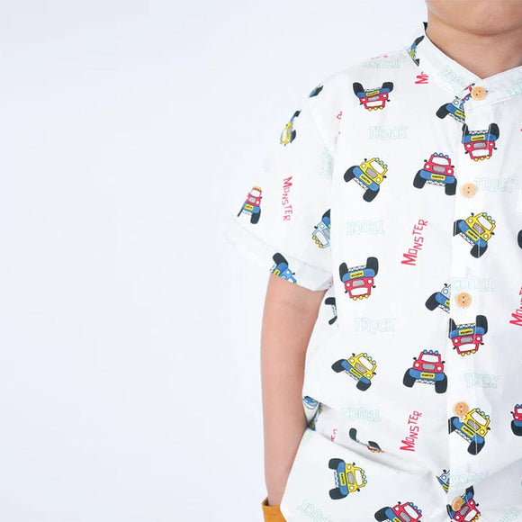 Mandarin Collar Boy Shirt - Monster Trucks (White)
