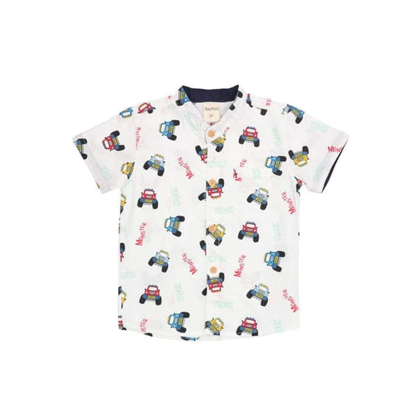 Mandarin Collar Boy Shirt - Monster Trucks (White)