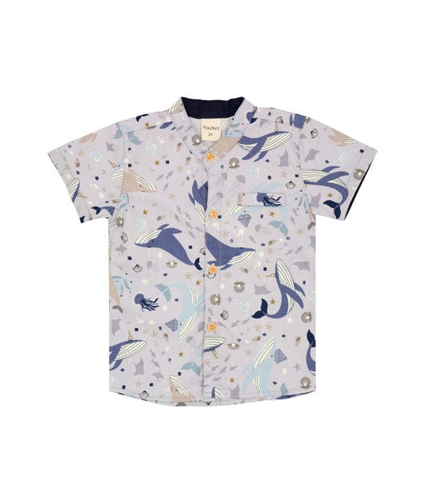 Mandarin Collar Shirt - Ocean Wonderland (Grey)