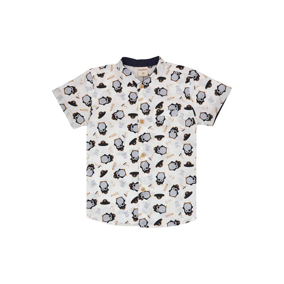 Mandarin Collar Boy Shirt - Pirate Penguin (White)