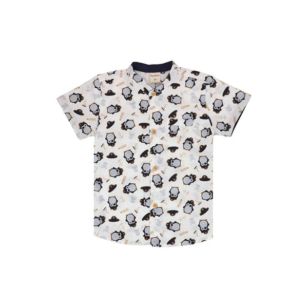 Mandarin Collar Boy Shirt - Pirate Penguin (White)