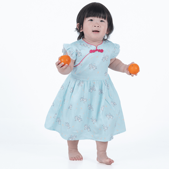 CNY Baby Girl Dress Flying Unicorn - Light Blue