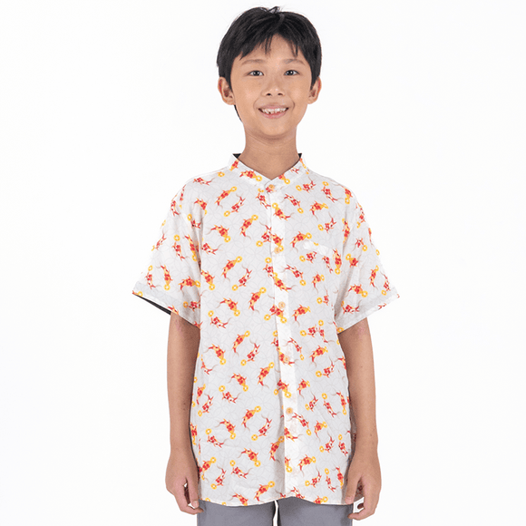 CNY Boy Shirt Mandarin Collar - Abundance Koi (Beige)