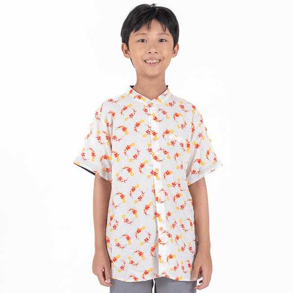 CNY Boy Shirt Mandarin Collar - Abundance Koi (Beige)
