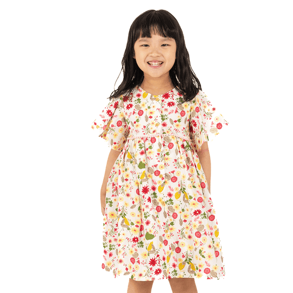 Flutter Sleeve Button Down Gerberas & Daisies Dress - (White)
