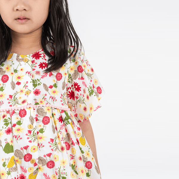 Flutter Sleeve Button Down Gerberas & Daisies Dress - (White)