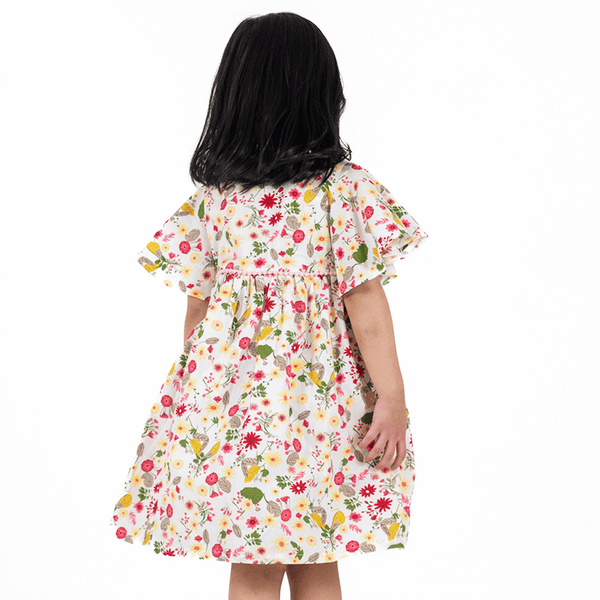 Flutter Sleeve Button Down Gerberas & Daisies Dress - (White)
