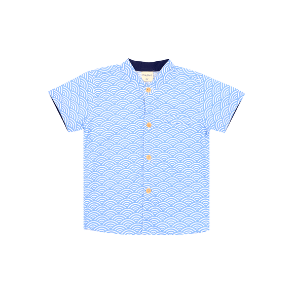 Mandarin Collar Shirt - Japanese Wave (Light Blue)