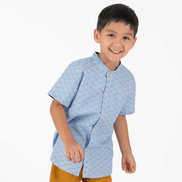 Mandarin Collar Shirt - Japanese Wave (Light Blue)