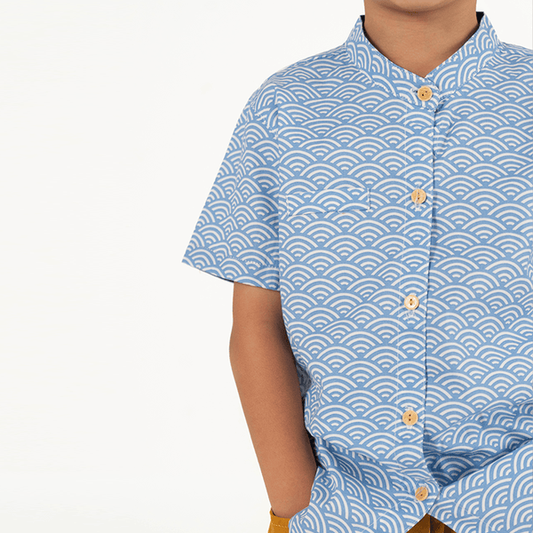 Mandarin Collar Shirt - Japanese Wave (Light Blue)