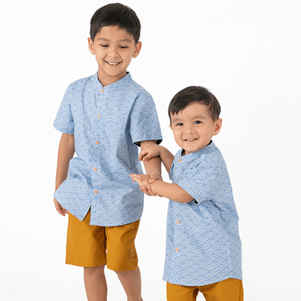 Mandarin Collar Shirt - Japanese Wave (Light Blue)