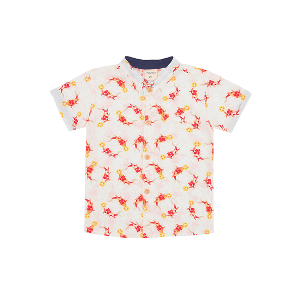 Mandarin Collar Shirt - Abundance Koi (Beige)