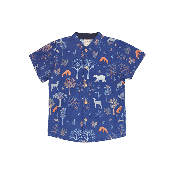 Mandarin Collar Shirt - Animals in Autumn (Navy)
