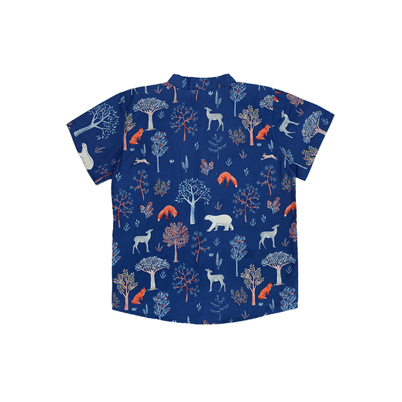 Mandarin Collar Shirt - Animals in Autumn (Navy)