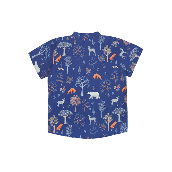 Mandarin Collar Shirt - Animals in Autumn (Navy)