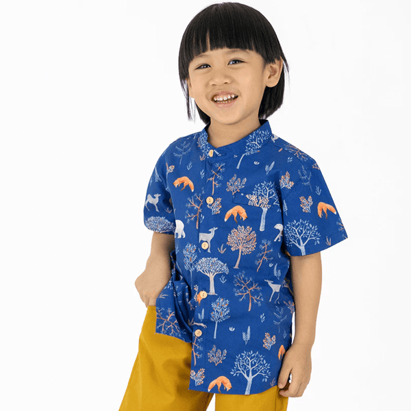 Mandarin Collar Shirt - Animals in Autumn (Navy)
