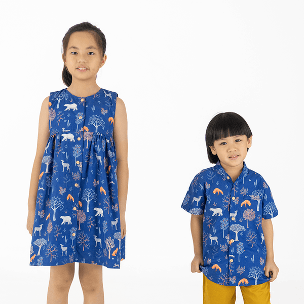 Mandarin Collar Shirt - Animals in Autumn (Navy)