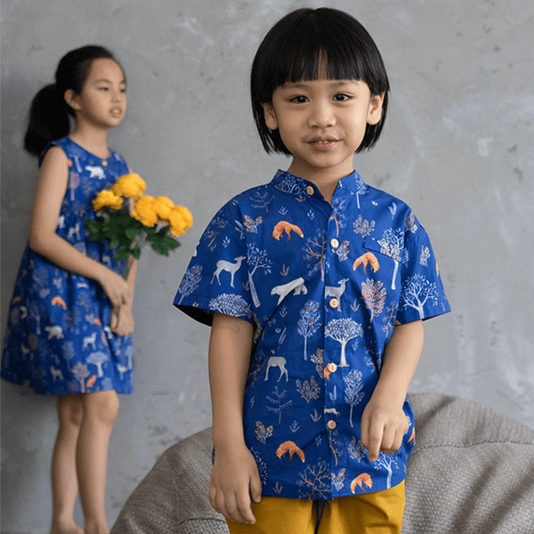 Mandarin Collar Shirt - Animals in Autumn (Navy)